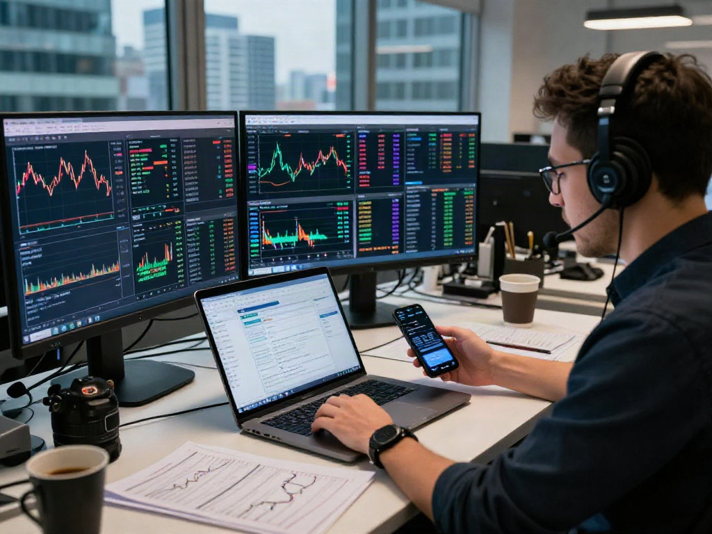 Gráficos y análisis del precio BTC en una oficina de negociación de criptomonedas moderna.