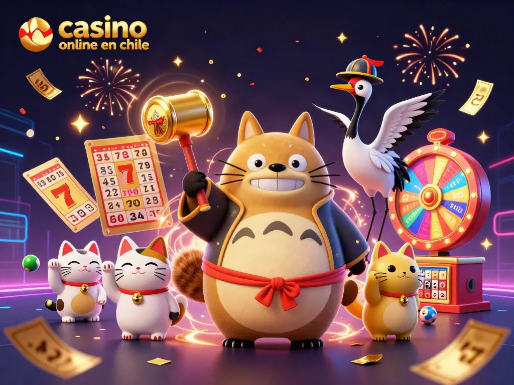 Ilustra un casino online en Chile, celebra con un tanuki afortunado y gatos de la suerte en un ambiente festivo.