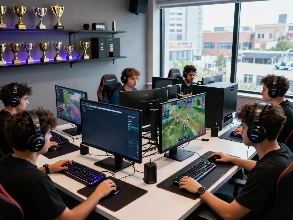 Engaging gaming session at f168.com with diverse players using high-tech equipment.
