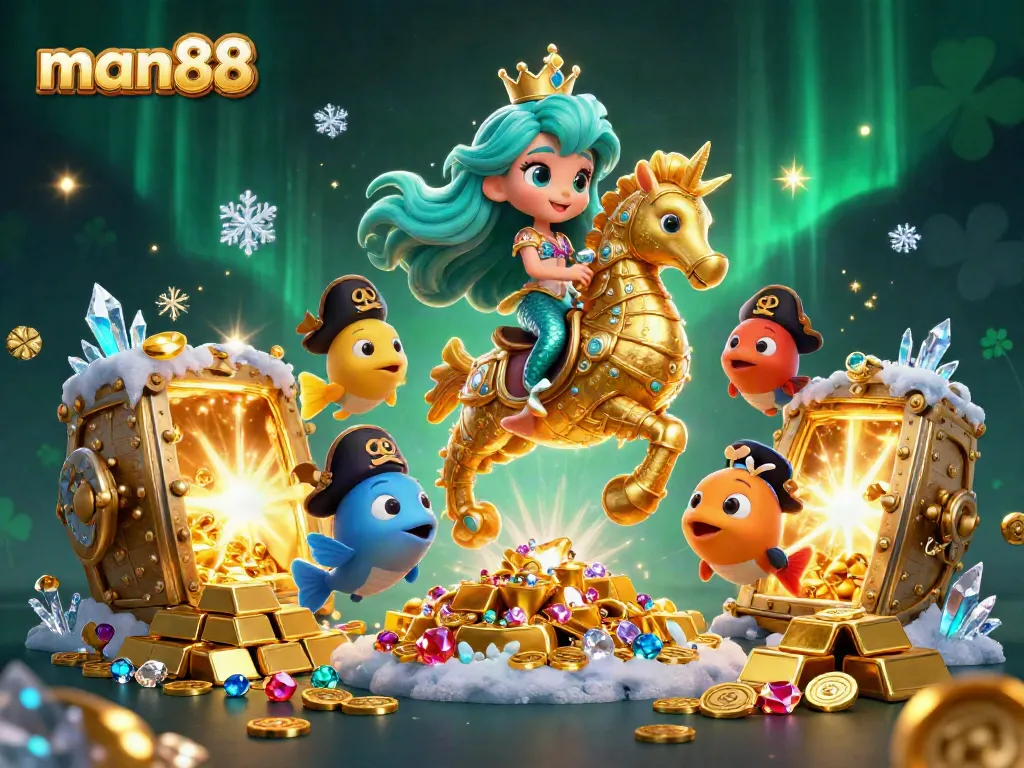 Experience the excitement at man88 with colorful characters and dazzling treasures in this vibrant casino-themed illustration.