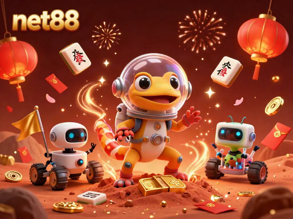 Experience net88's exciting casino atmosphere with a Martian gecko uncovering treasures under red Mars sand.