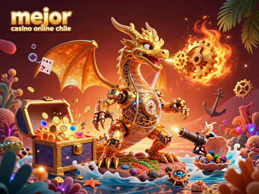 Encuentra el mejor casino online Chile con una ilustración de dragón y elementos de juego vibrantes.