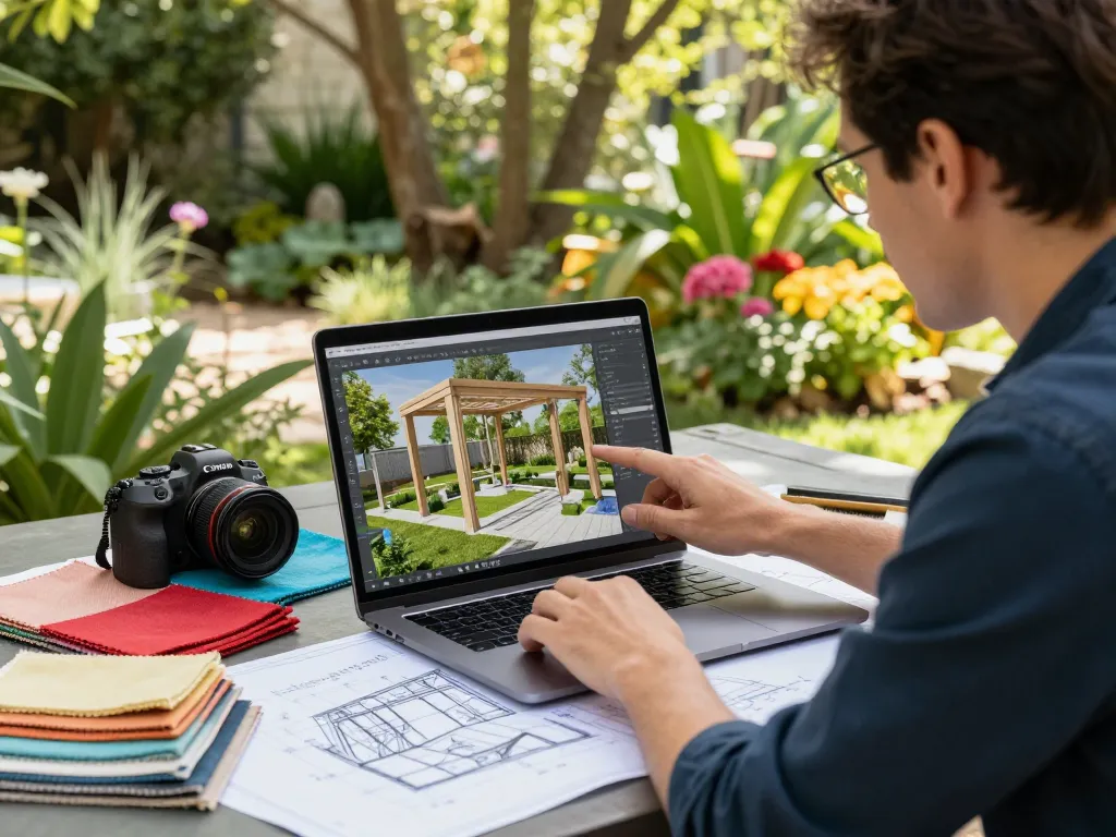 Configurador interactivo de pérgolas 3D en un jardín, con un diseñador utilizando una laptop con muestras de materiales vibrantes.