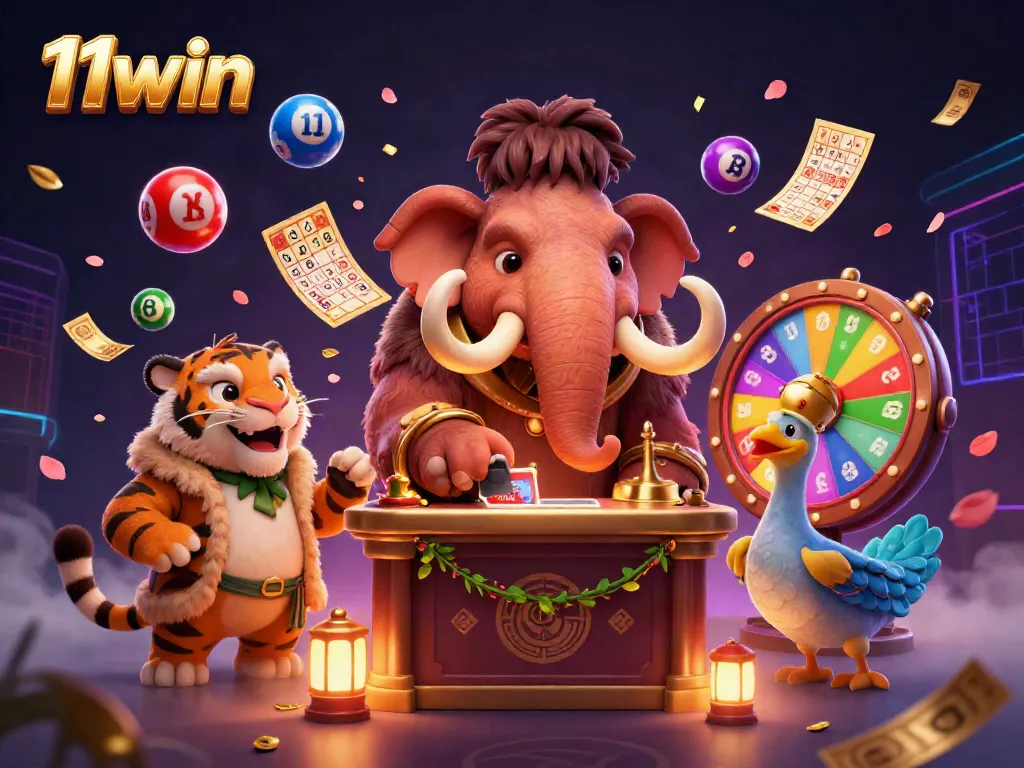 Experience the thrill of 11win at the casino, featuring a bouncer, tiger guest, and dodo doorman.