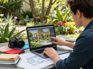 Configurador interactivo de pérgolas 3D en un jardín, con un diseñador utilizando una laptop con muestras de materiales vibrantes.