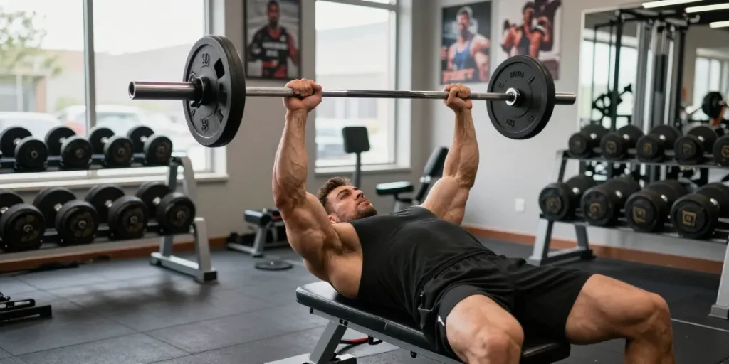 culturista entrenando con equipo en un gimnasio moderno, mostrando fuerza y dedicación con productos de Esteroidesshop.