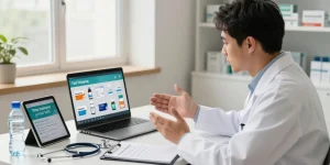 Buying Kamagra online with a pharmacist during a virtual consultation at a modern pharmacy.