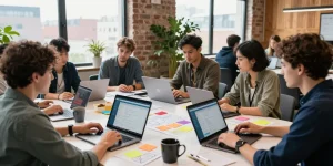 Team collaborating in a coworking space using Telegram网页版 for effective communication
