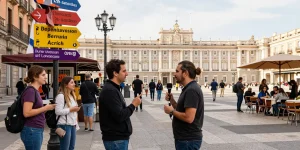 Noticias de Madrid en una escena urbana vibrante con personas disfrutando la vida citadina.