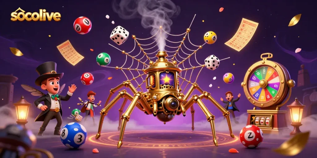 socolive spins colorful lottery balls with a steampunk spider catching dice, creating an engaging casino atmosphere