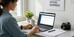 Calculate your mortgage payments using our cálculos hipoteca tool in a bright, modern home office.