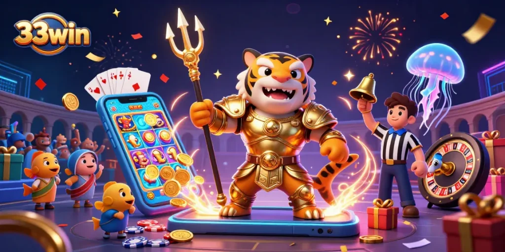 Experience thrilling wins at 33win with a lively underwater casino scene featuring a shark and celebratory game elements.