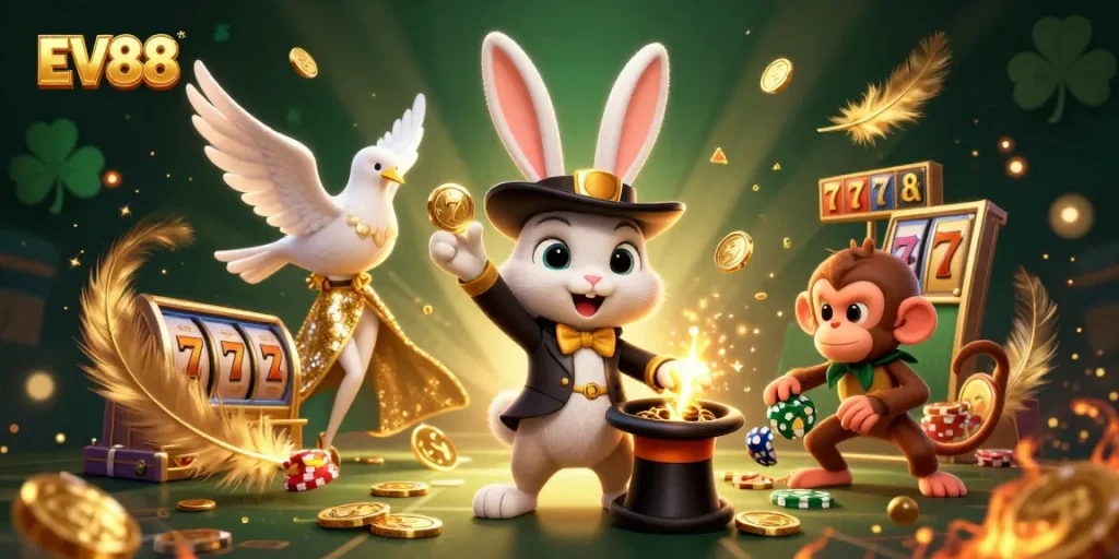 Win big with EV88's legendary rabbit magician pulling golden coins, surrounded by vibrant casino elements.