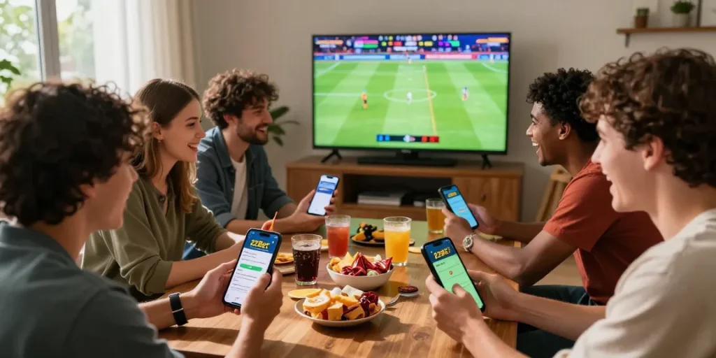 Group of friends excitedly using the 22Bet app to place bets during a live sports event.