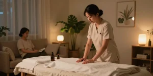 출장마사지 service in a tranquil home setting, showcasing a professional therapist preparing for a relaxing session.