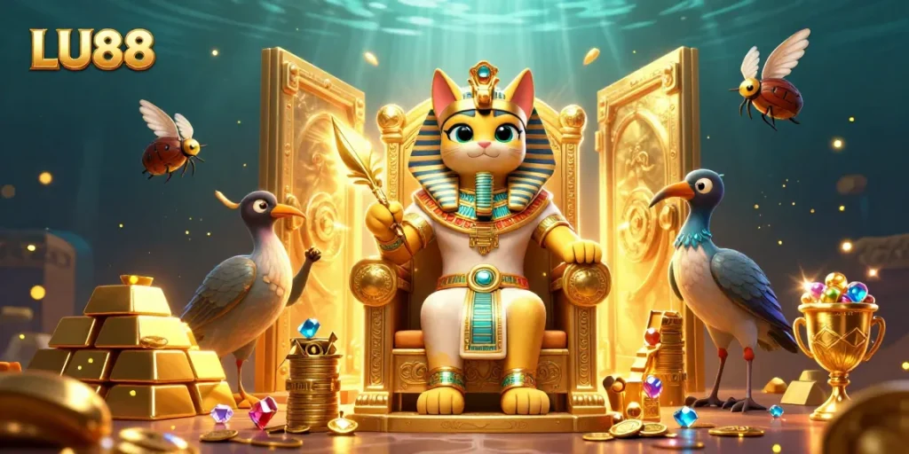 LU88 illuminates a vibrant 3D illustration showcasing an Egyptian pharaoh cat and treasures in a casino theme.